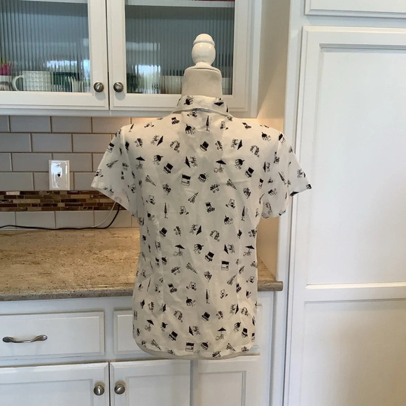 Canapé White & Black Linen Bow Blouse Novelty Print Flowers Size Medium - Picture 4 of 10